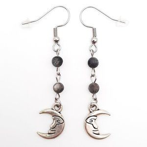 Crescent Moon Labradorite Chakra Gemstone Dangle Drop Earrings Handmade Jewelry